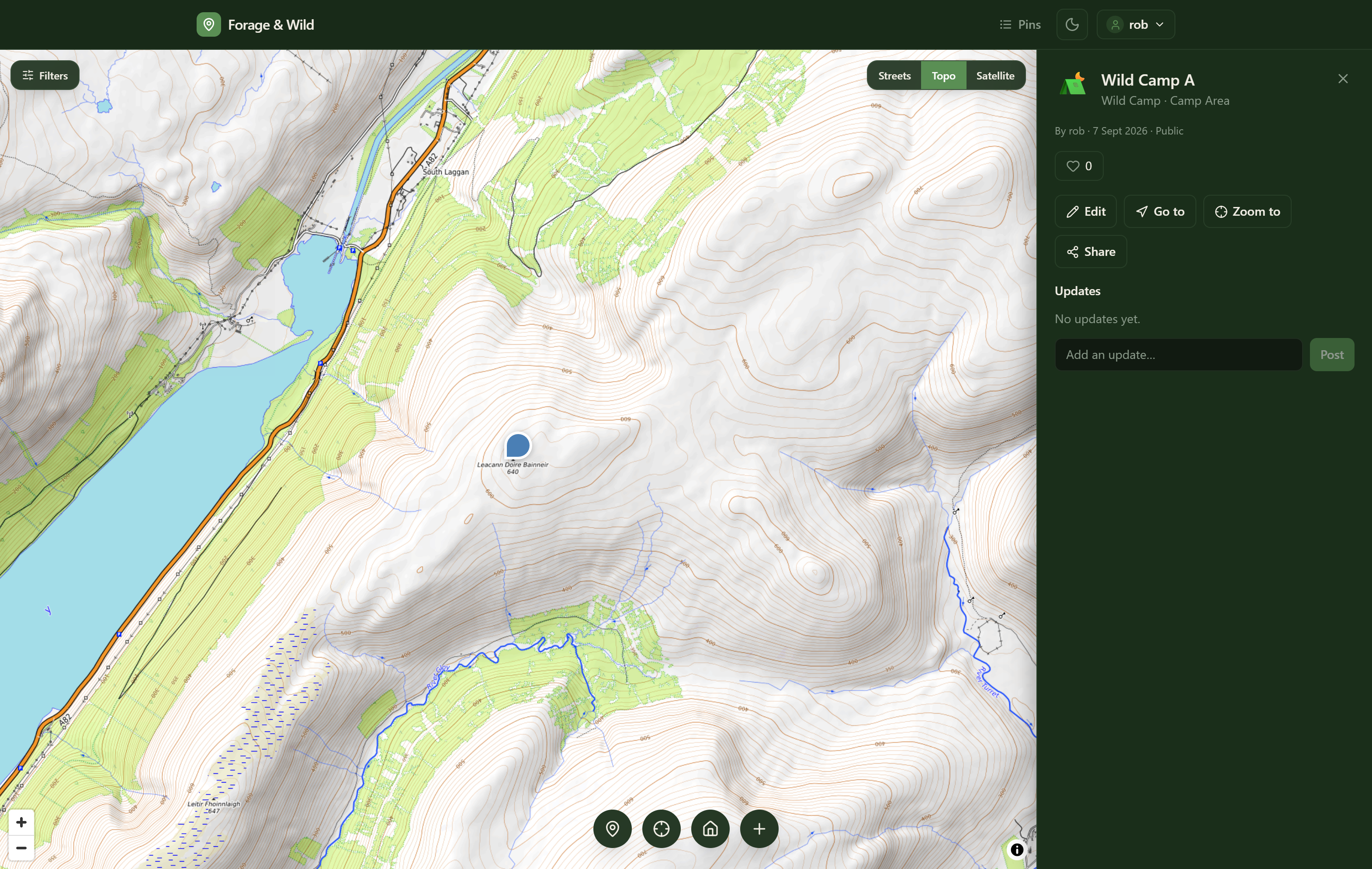 Forage & Wild map with a selected pin, desktop