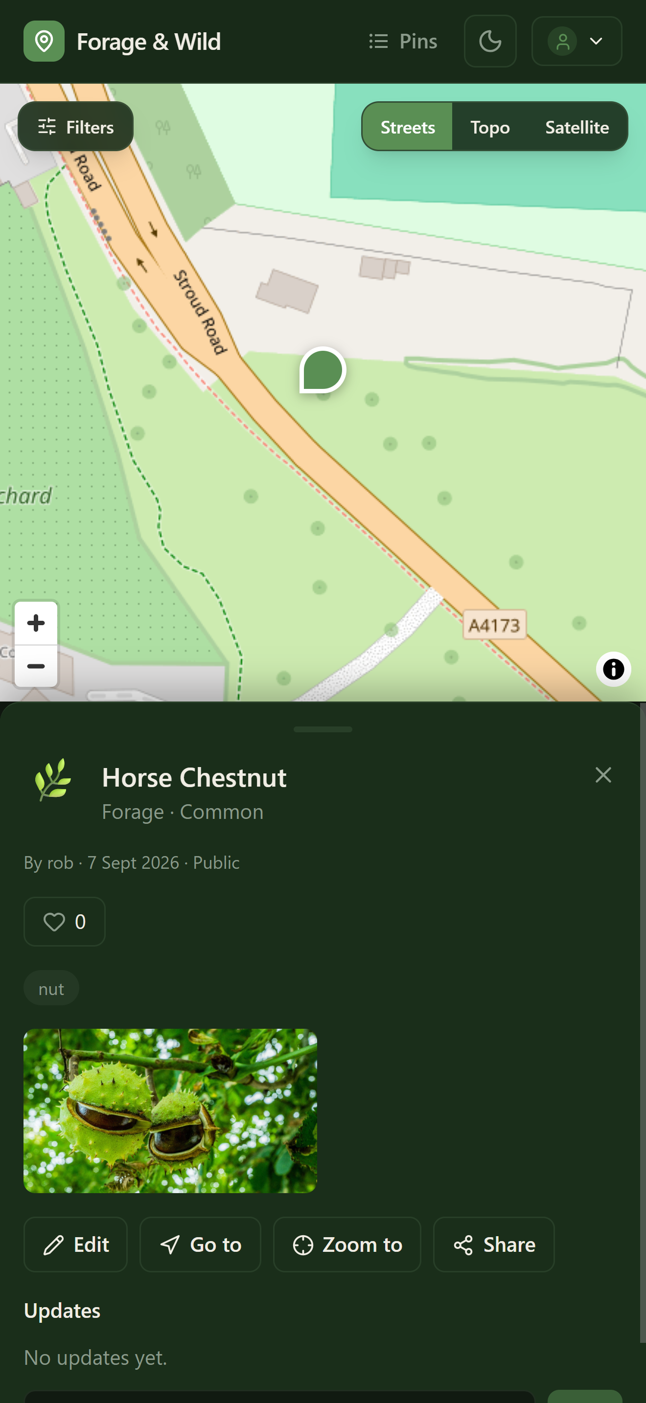 Forage & Wild map with a selected pin on a phone